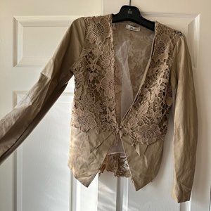 Paccio Beige Faux Leather and Lace Blazer - Size Medium